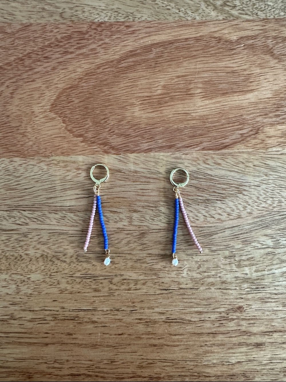 Gold Hoop Earrings with Blue and Pink Beaded Drops